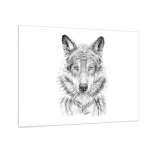 Quadro em vidro - Esboço em preto e branco de uma cabeça de lobo em um fundo branco - 70x50cm - Um líder nato - Decoração de parede moderna para a sala de estar e quarto ARTTOR