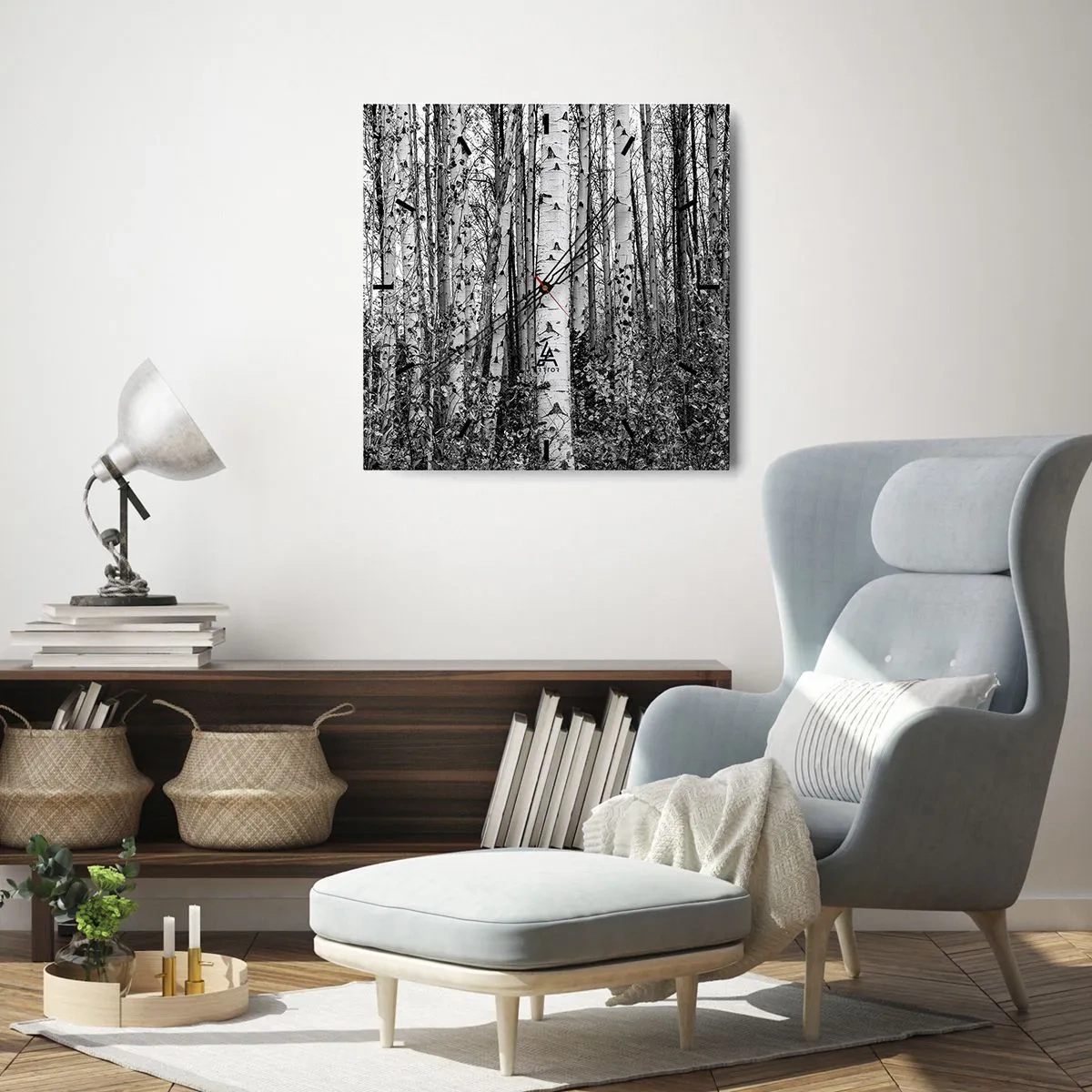 Relógio de parede - Relógio em vidro - Colunata de bétula - 30x30 cm