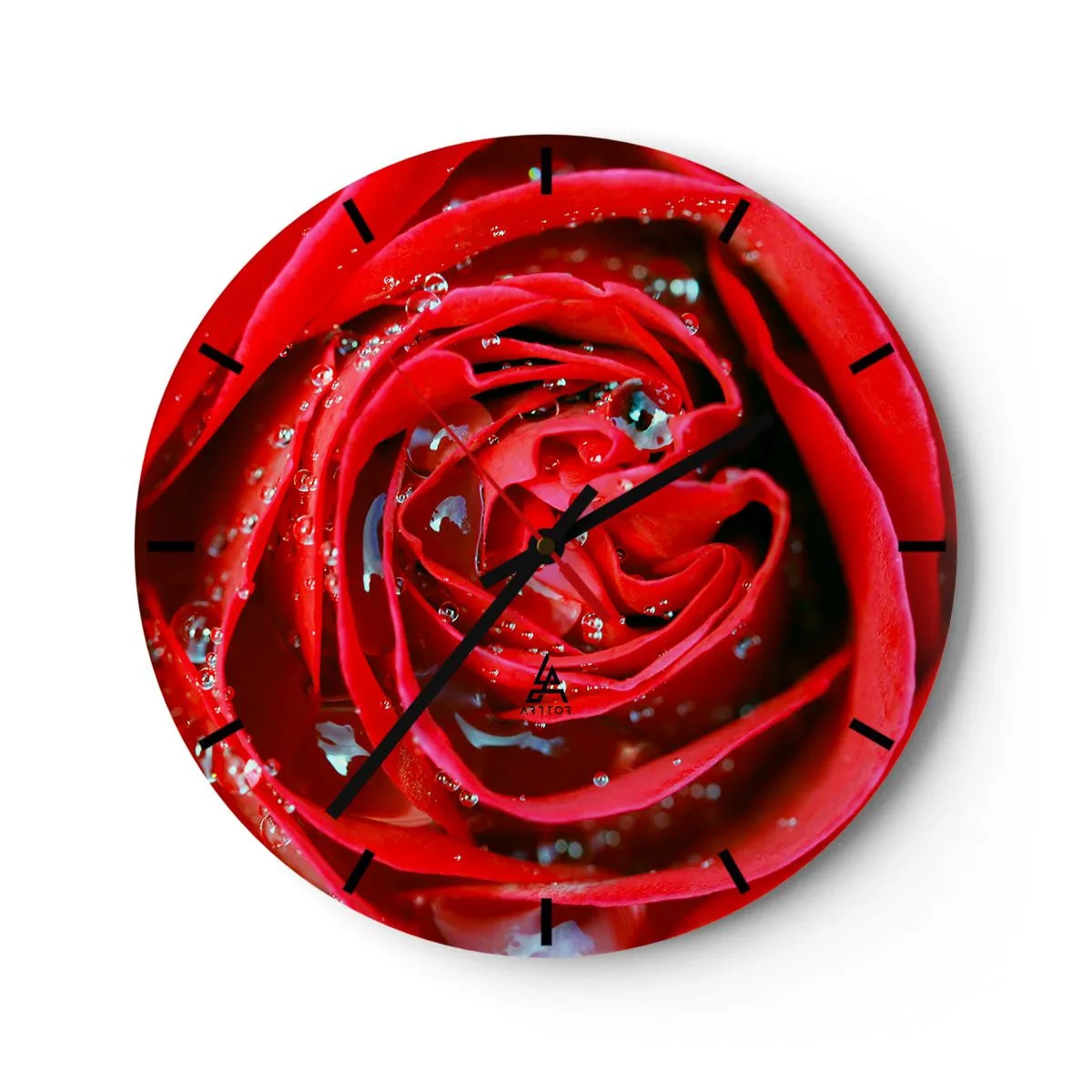 Relógio de parede - Relógio em vidro - Um close de uma rosa vermelha coberta de gotas de água - 30x30cm - Em gotas de orvalho - Decoração de parede moderna para a sala de estar, cozinha e quarto ARTTOR
