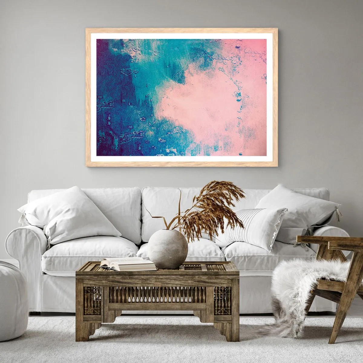 Pôster com moldura de carvalho claro - Abraço azul - 70x50 cm