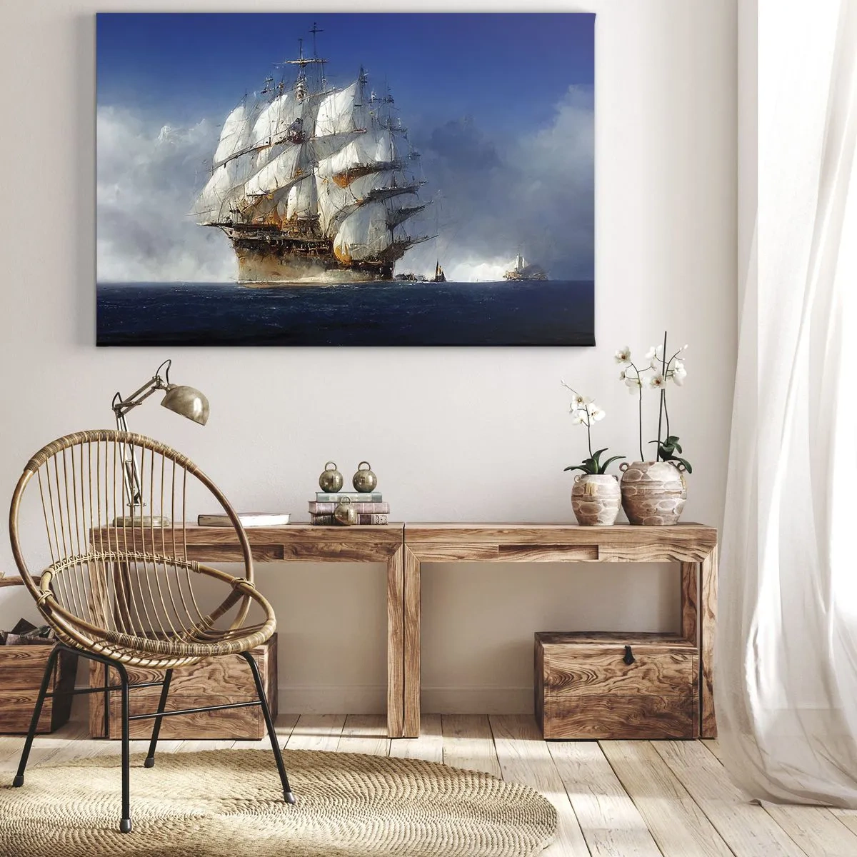 Quadro em tela - Um veleiro em mar aberto sob um céu azul - 70x50cm - A grande glória! - Decoração de parede moderna para a sala de estar e quarto ARTTOR