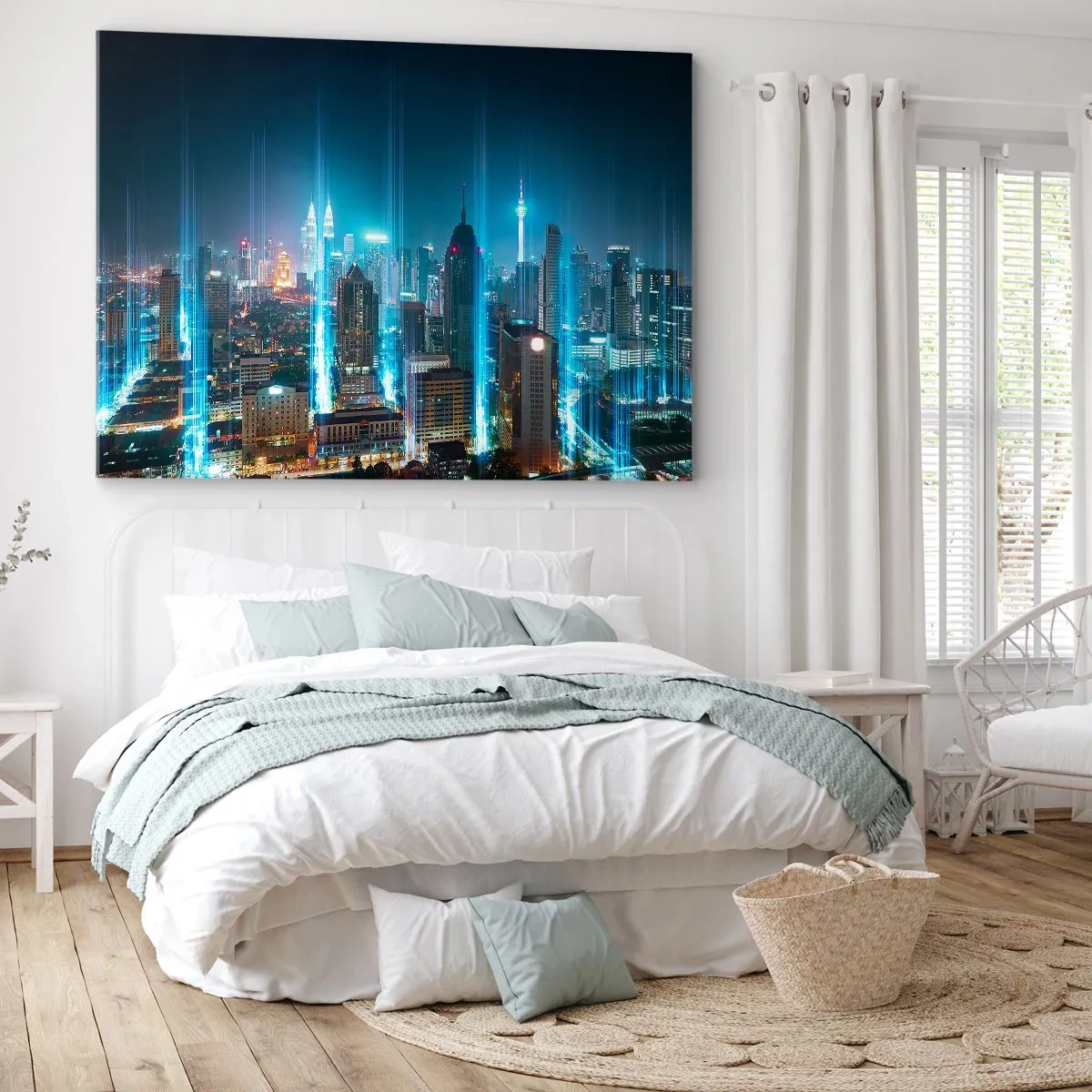 Quadro em tela - Uma cidade moderna à noite com detalhes de iluminação futuristas. - 70x50cm - De Berlim para o céu - Decoração de parede moderna para a sala de estar e quarto ARTTOR