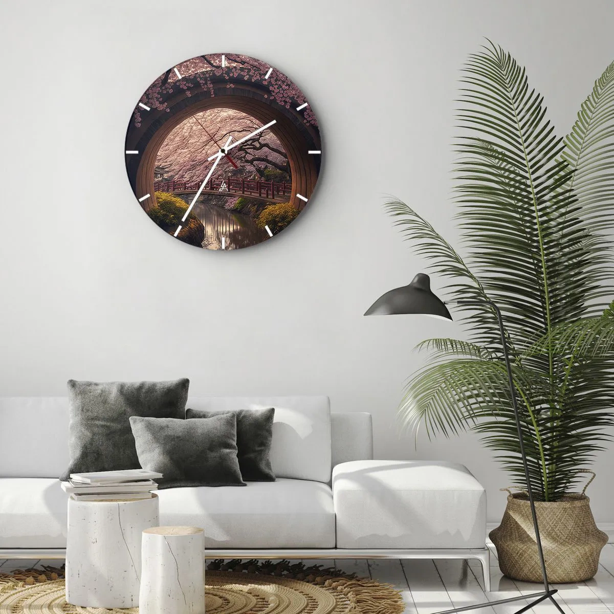 Relógio de parede - Relógio em vidro - Vista da ponte de flores de cerejeira em estilo japonês através do portão redondo - 30x30cm - Primavera japonesa - Decoração de parede moderna para a sala de estar, cozinha e quarto ARTTOR