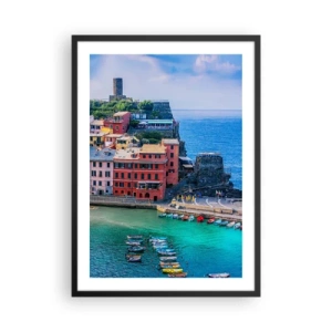 Pôster com moldura preta - Uma cidade colorida à beira do mar azul - 50x70cm - Cidade mágica mediterrânea - Decoração de parede moderna para a sala de estar e quarto ARTTOR