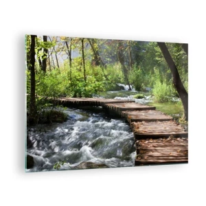 Quadro em vidro - Uma ponte de madeira sobre um riacho caudaloso - 70x50cm - Sobre a cascata espumosa - Decoração de parede moderna para a sala de estar e quarto ARTTOR
