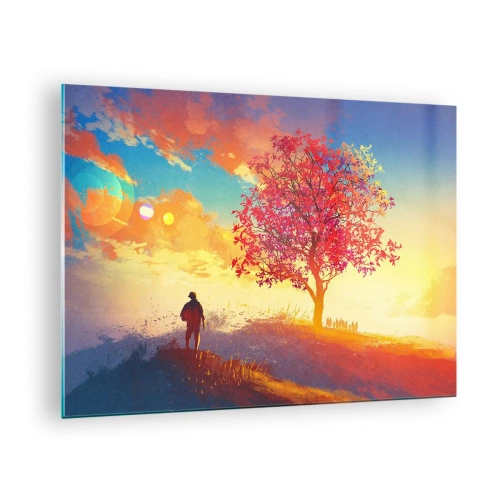 Quadro em vidro - Uma figura contra o fundo de um céu colorido e uma árvore em cores quentes - 70x50cm - O peregrino no seu destino - Decoração de parede moderna para a sala de estar e quarto ARTTOR