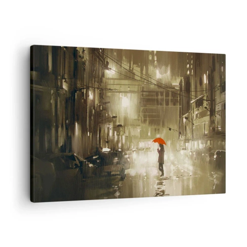 Quadro em tela - Uma figura com um guarda-chuva vermelho em uma cidade chuvosa - 70x50cm - Sozinha, mas não solitária - Decoração de parede moderna para a sala de estar e quarto ARTTOR