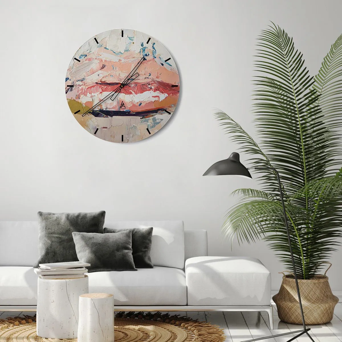 Relógio de parede - Relógio em vidro - Textura abstrata de tintas em tons de bege e rosa - 30x30cm - Desperta os sentidos - Decoração de parede moderna para a sala de estar, cozinha e quarto ARTTOR