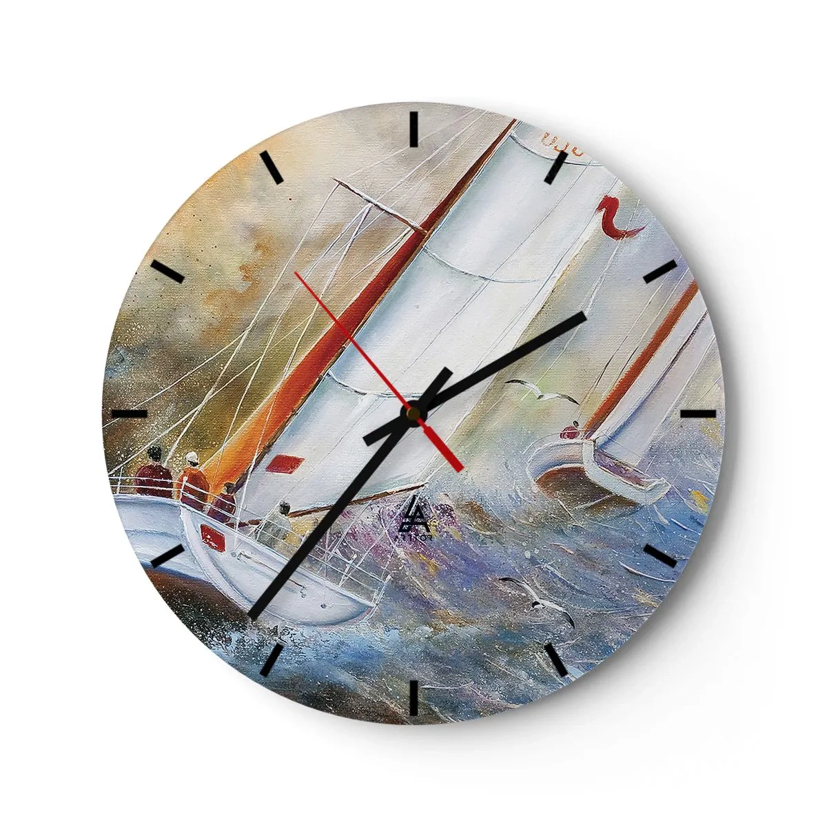 Relógio de parede - Relógio em vidro - Veleiros em mar tempestuoso numa abordagem artística - 30x30cm - Correr sobre as ondas - Decoração de parede moderna para a sala de estar, cozinha e quarto ARTTOR