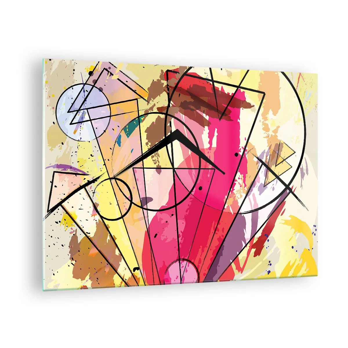 Quadro em vidro - Abstração colorida com padrões e linhas geométricas - 70x50cm - Explosão - Decoração de parede moderna para a sala de estar e quarto ARTTOR