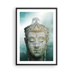 Pôster com moldura preta - Uma estátua de Buda contra um fundo de sutis tons de verde - 50x70cm - Em busca da luz - Decoração de parede moderna para a sala de estar e quarto ARTTOR