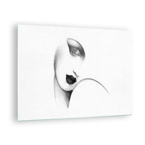 Quadro em vidro - Esboço Art Déco de um rosto de mulher em preto e branco - 70x50cm - No estilo de Łempicka - Decoração de parede moderna para a sala de estar e quarto ARTTOR