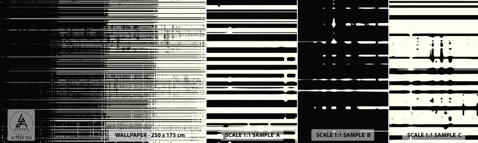 Amostra de papel de parede autocolante Deluxe Sticker - Ondas e vibrações - Preto e branco, Códigos de barra, Linhas - 100x30 cm