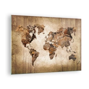 Quadro em vidro - Um mapa-múndi em tons de marrom imitando madeira - 70x50cm - Descobrindo o o mundo - Decoração de parede moderna para a sala de estar e quarto ARTTOR