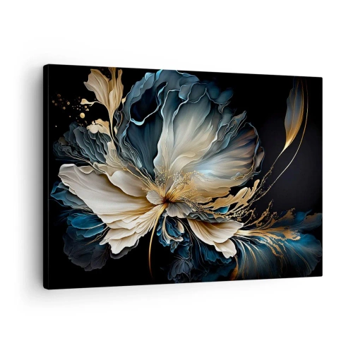 Quadro em tela - Uma flor em tons de dourado e azul marinho sobre fundo preto - 70x50cm - Flor de samambaia de conto de fadas - Decoração de parede moderna para a sala de estar e quarto ARTTOR