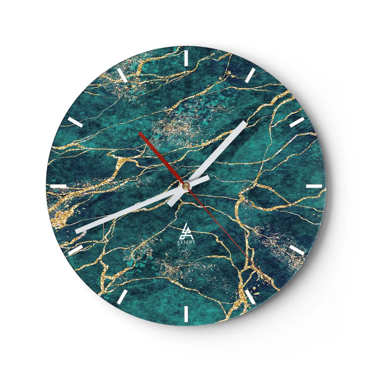 Relógio de parede - Relógio em vidro - Um padrão verde e dourado que lembra um mineral com veios dourados - 30x30cm - Veia dourada - Decoração de parede moderna para a sala de estar, cozinha e quarto ARTTOR