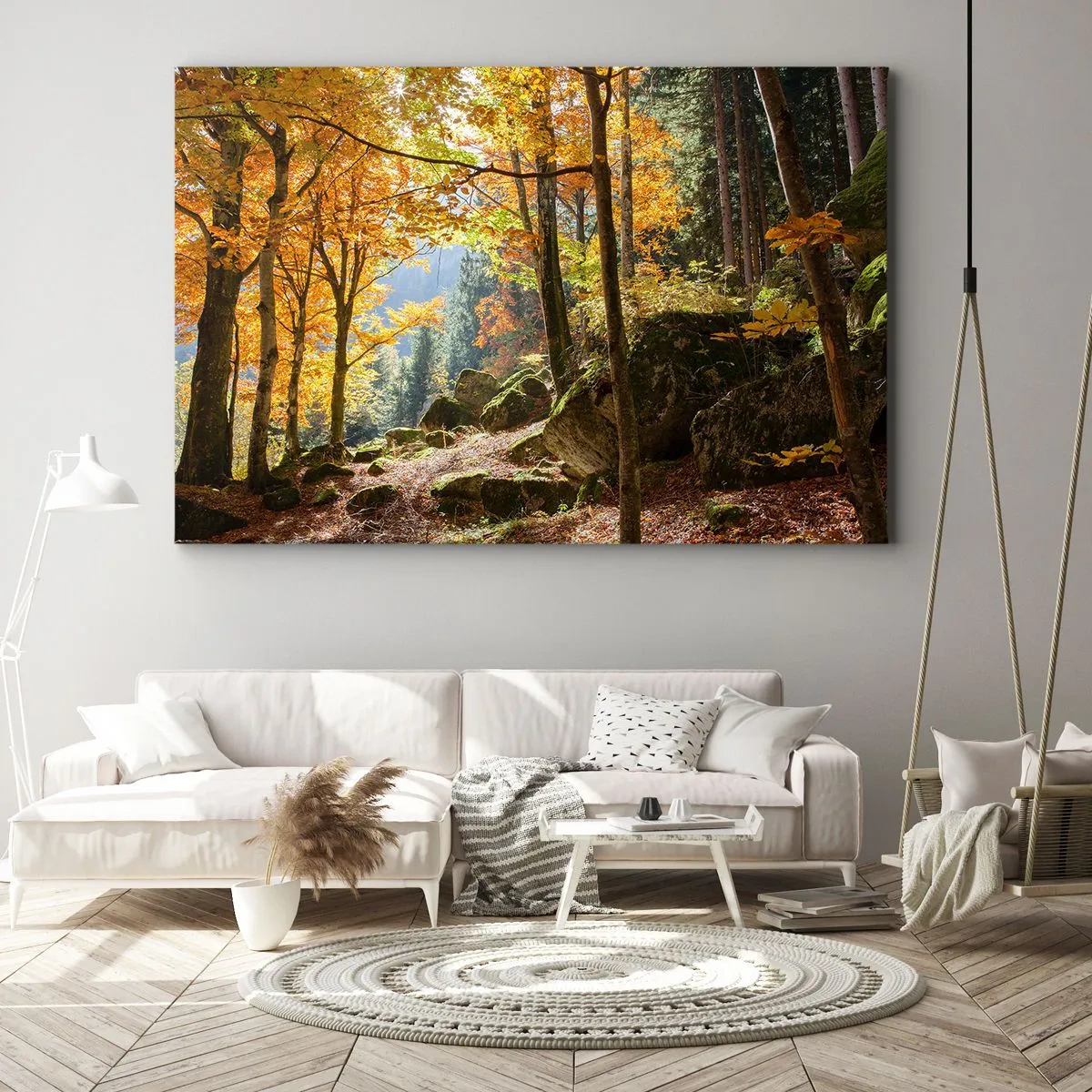 Quadro em tela - Uma floresta de outono cheia de folhas douradas e luz do sol - 70x50cm - Tempo para descansar - Decoração de parede moderna para a sala de estar e quarto ARTTOR