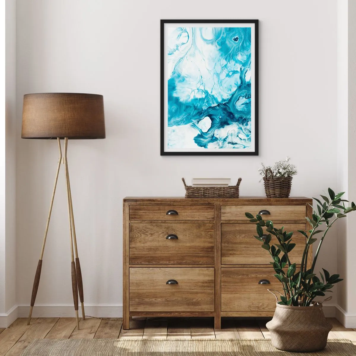 Pôster com moldura preta - Composição abstrata em tons de azul e branco - 50x70cm - Concerto Azul - Decoração de parede moderna para a sala de estar e quarto ARTTOR
