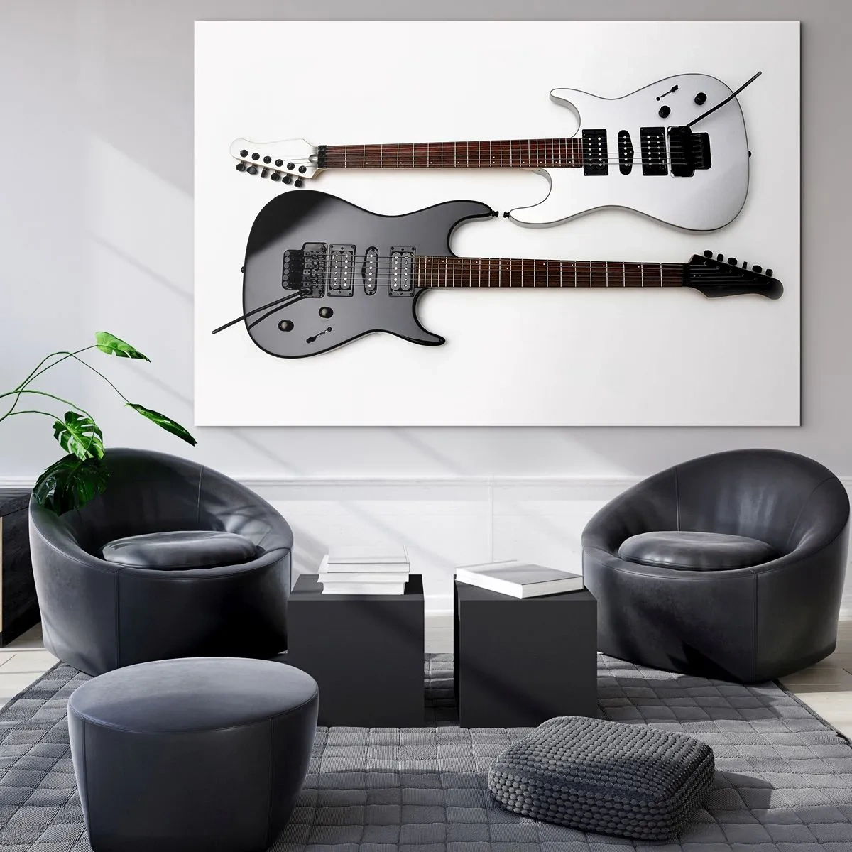 Quadro em vidro - Guitarras elétricas pretas e brancas em um fundo branco - 70x50cm - Harmonia das formas - Decoração de parede moderna para a sala de estar e quarto ARTTOR