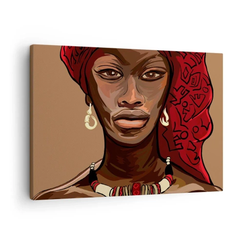Quadro em tela - Retrato de uma mulher com um turbante vermelho sobre fundo bege - 70x50cm - Vénus de Ébano - Decoração de parede moderna para a sala de estar e quarto ARTTOR