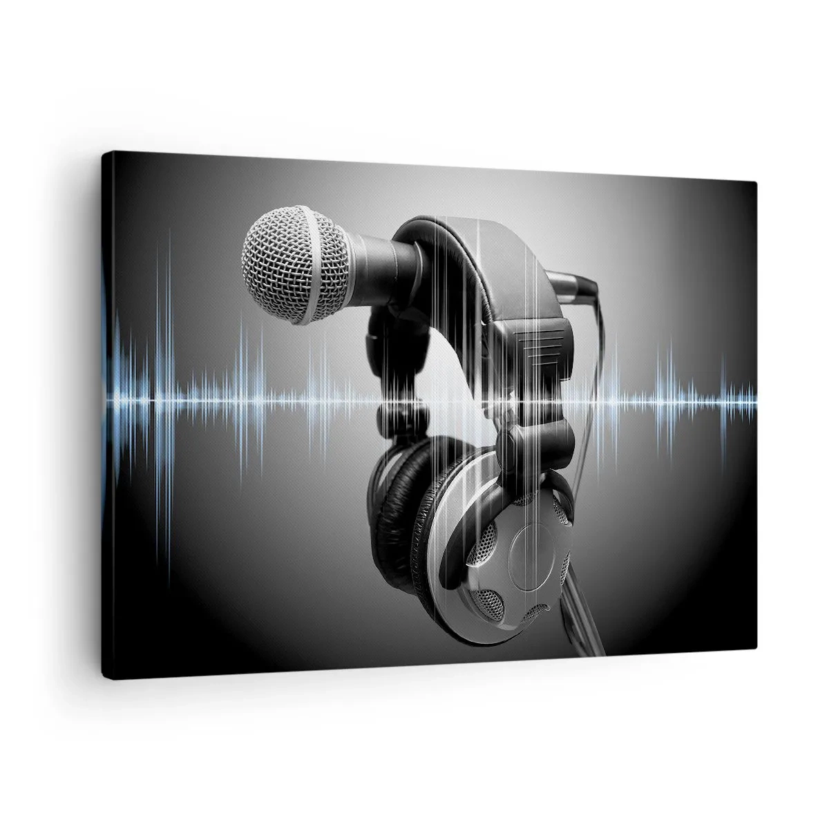 Quadro em tela - Microfone e fones de ouvido com visualização de ondas sonoras ao fundo - 70x50cm - Ainda pode-se ouvir o canto - Decoração de parede moderna para a sala de estar e quarto ARTTOR