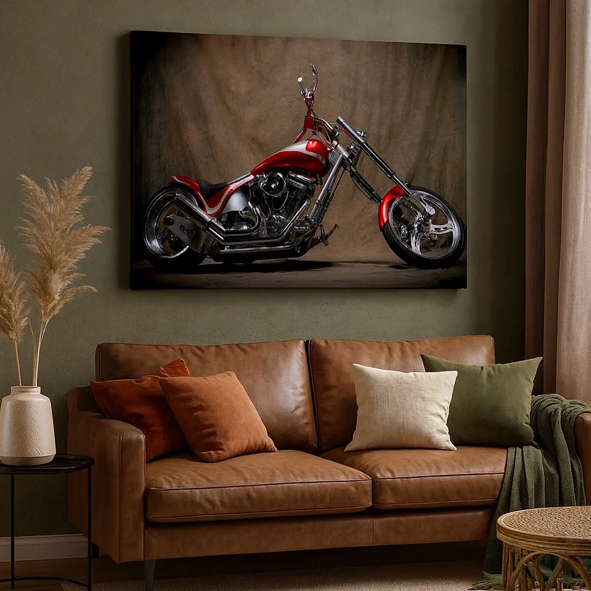 Quadro em tela - Motocicleta vermelha personalizada sobre fundo de tecido marrom - 70x50cm - Beleza vermelho-prata - Decoração de parede moderna para a sala de estar e quarto ARTTOR