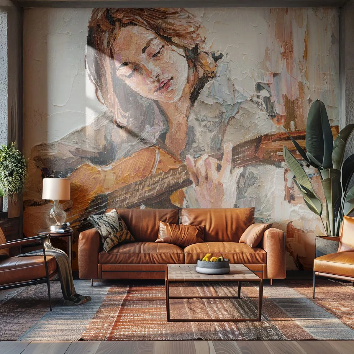 Papel de Parede Premium Sand - Concerto de violão e coração de rapariga - Guitarra, Música, Garota - 450x315 cm