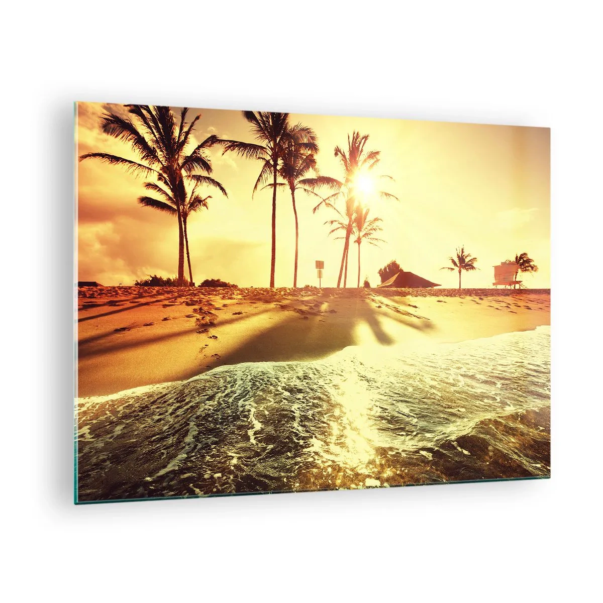 Quadro em vidro - Praia dourada com palmeiras ao pôr do sol e mar calmo - 70x50cm - Califórnia à tarde - Decoração de parede moderna para a sala de estar e quarto ARTTOR