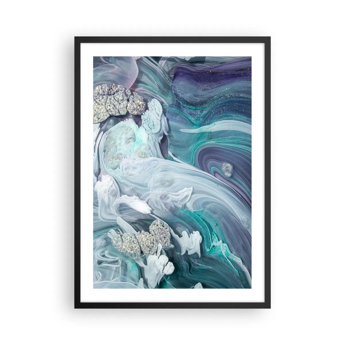 Pôster com moldura preta - Um motivo abstrato com texturas e redemoinhos azuis e verdes. - 50x70cm - Correntes de azul - Decoração de parede moderna para a sala de estar e quarto ARTTOR