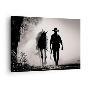 Quadro em tela - Cowboy com cavalo na neblina da manhã - 70x50cm - Manhã no Texas - Decoração de parede moderna para a sala de estar e quarto ARTTOR