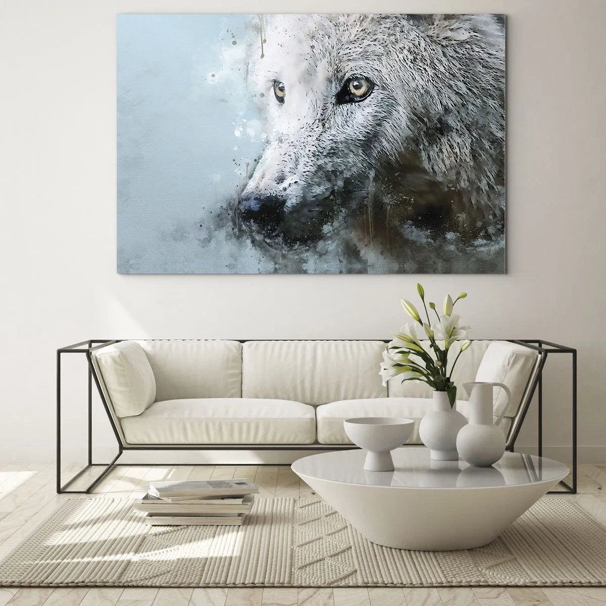 Quadro em vidro - Retrato de lobo com detalhes artísticos e desfocados em tons de azul - 70x50cm - Conheça a alma do lobo - Decoração de parede moderna para a sala de estar e quarto ARTTOR