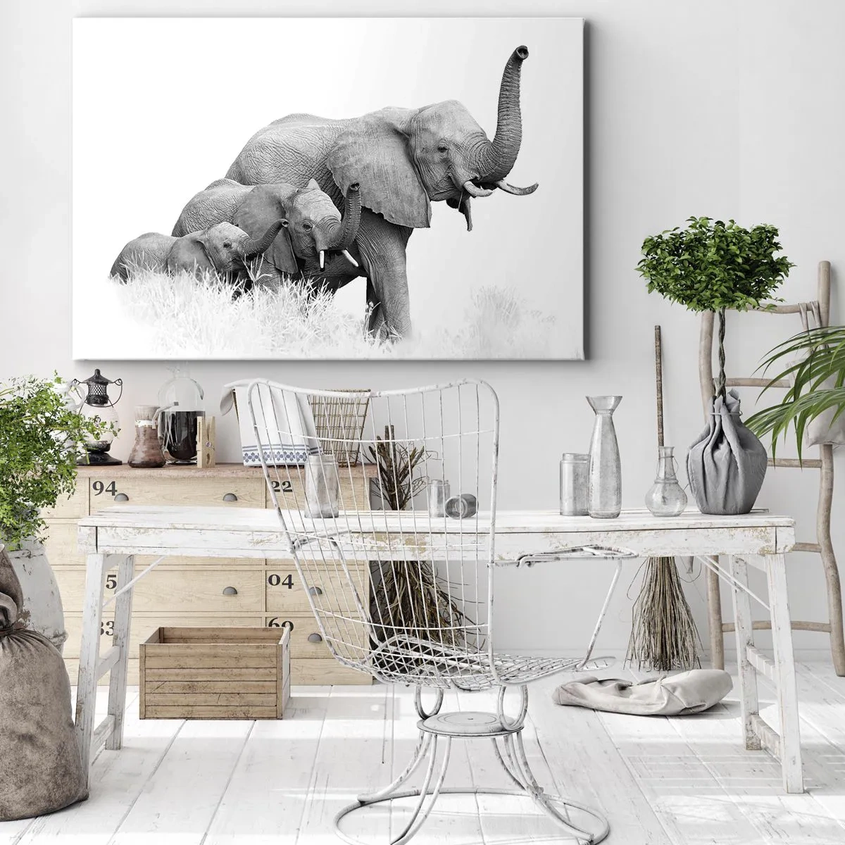 Quadro em tela - Uma família de elefantes em uma paisagem africana em preto e branco. - 70x50cm - Um, dois, três - Decoração de parede moderna para a sala de estar e quarto ARTTOR