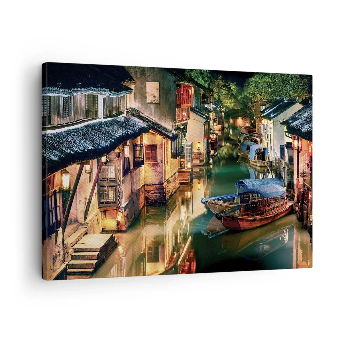 Quadro em tela - Vista noturna dos canais com barcos e casas tradicionais - 70x50cm - Uma noite em uma rua chinesa - Decoração de parede moderna para a sala de estar e quarto ARTTOR
