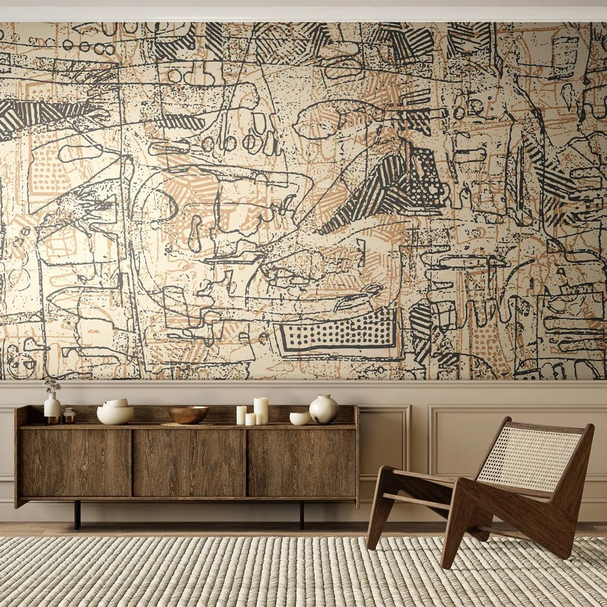 Papel de Parede Standard Eco - Um padrão abstrato composto de linhas, sinais e manchas bege. - 100x70cm - À espera de ser decifrado - Decoração de parede moderna para a sala de estar e quarto ARTTOR