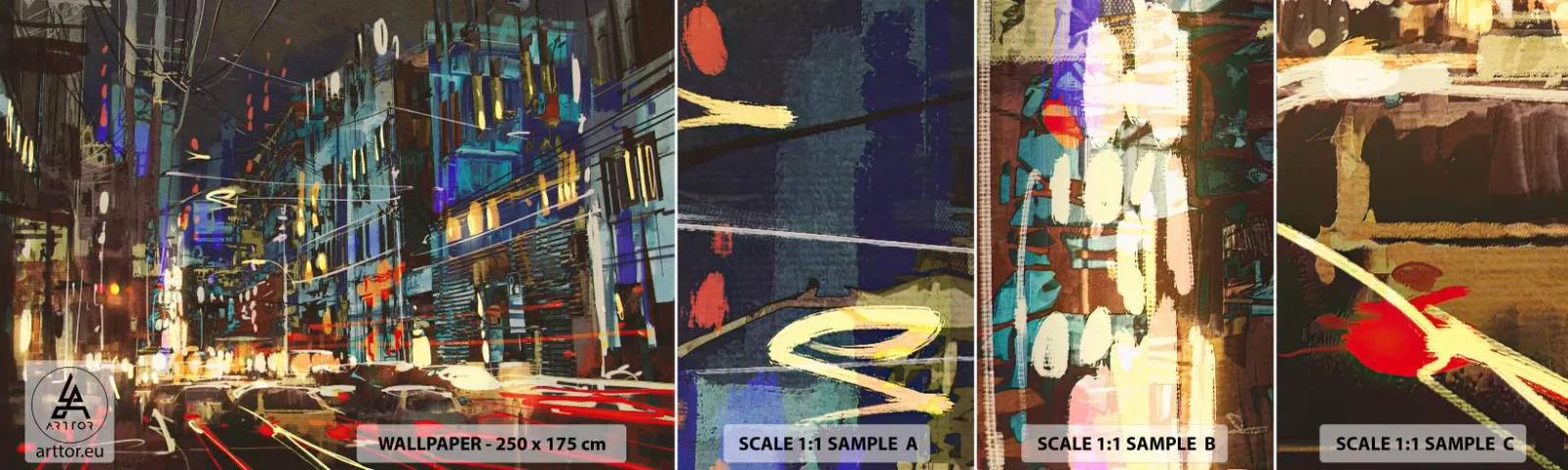 Amostra de papel de parede autocolante Deluxe Sticker - O alvoroço da rua à noite - Cidade, Arquitetura, Vida noturna - 100x30 cm