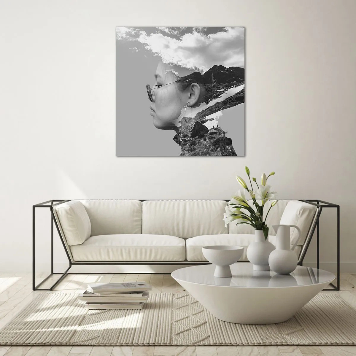 Quadro em vidro - Retrato das montanhas e da nuvem - 40x40 cm