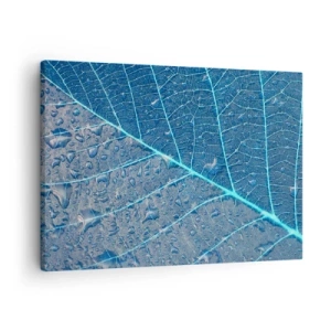 Quadro em tela - Uma folha em tons de azul com gotas de água - 70x50cm - A vida em azul - Decoração de parede moderna para a sala de estar e quarto ARTTOR
