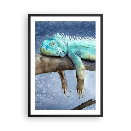Pôster com moldura preta - Uma aquarela de uma iguana descansando em um galho. - 50x70cm - Estamos bem! - Decoração de parede moderna para a sala de estar e quarto ARTTOR