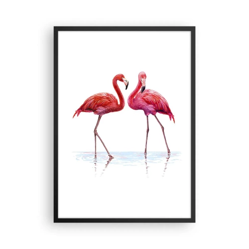 Pôster com moldura preta - Dois flamingos em um fundo branco com reflexo na água - 50x70cm - Rosa randez-vous - Decoração de parede moderna para a sala de estar e quarto ARTTOR
