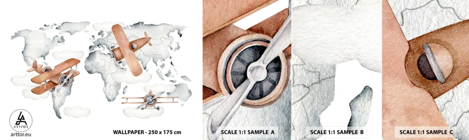 Amostra de papel de parede autocolante Deluxe Sticker - Com espírito pioneiro - Mapa mundial, Aviões, Infantil - 100x30 cm