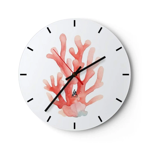 Relógio de parede - Relógio em vidro - Coral vermelho pintado em aquarela sobre fundo branco - 30x30cm - Coral de cor coral - Decoração de parede moderna para a sala de estar, cozinha e quarto ARTTOR