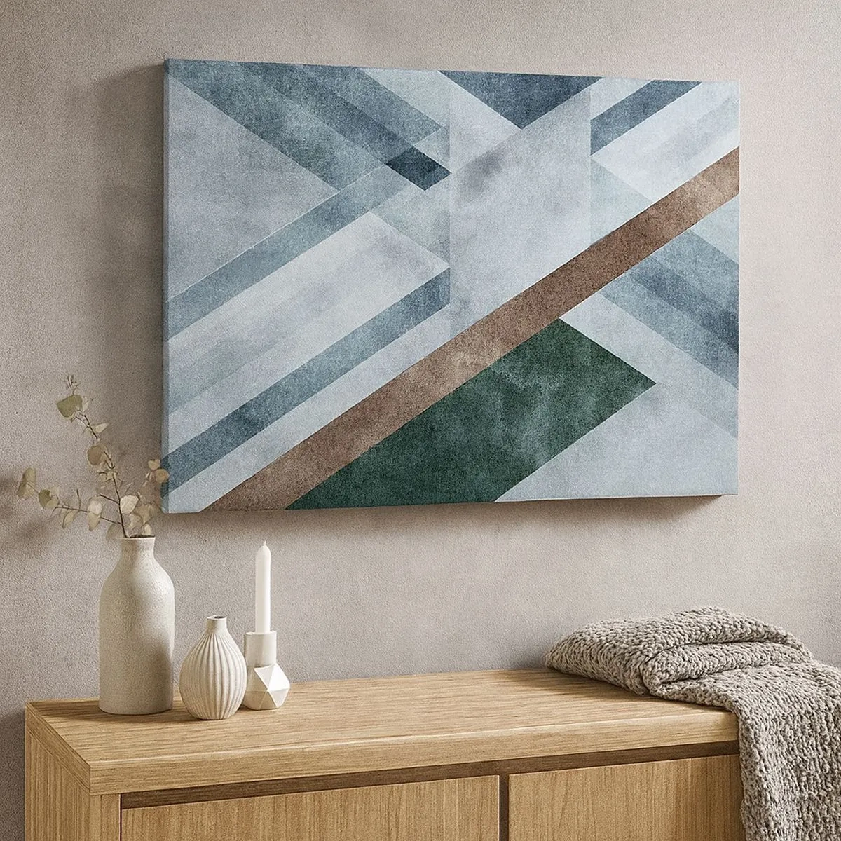 Quadro em tela - Formas geométricas em tons frios de azul e marrom - 70x50cm - Elegância sofisticada da geometria - Decoração de parede moderna para a sala de estar e quarto ARTTOR