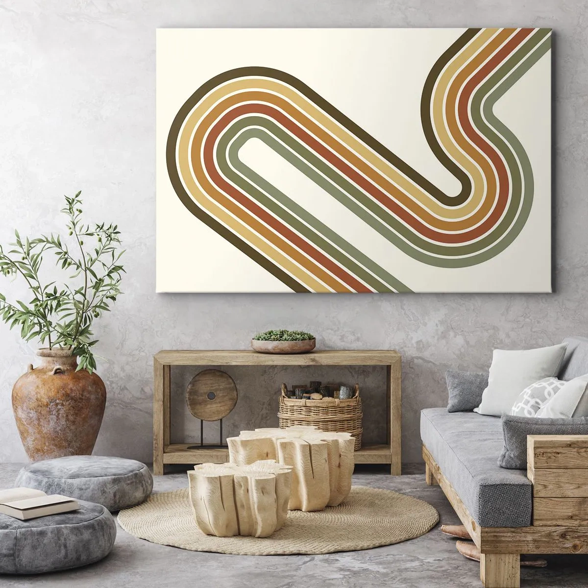 Quadro em tela - Padrão geométrico em tons de verde, laranja e bege sobre fundo claro - 70x50cm - Ziguezague para o destino - Decoração de parede moderna para a sala de estar e quarto ARTTOR