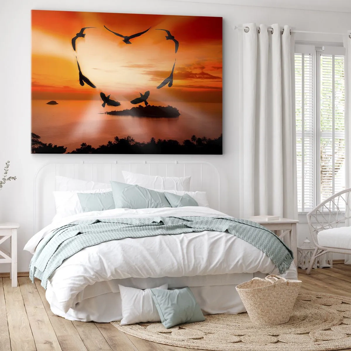 Quadro em tela - Pássaros formando um coração contra o pano de fundo do pôr do sol - 70x50cm - Ame o mundo como pássaros - Decoração de parede moderna para a sala de estar e quarto ARTTOR
