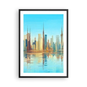 Pôster com moldura preta - Panorama colorido da cidade com reflexo na água - 50x70cm - Uma metrópole ensolarada - Decoração de parede moderna para a sala de estar e quarto ARTTOR