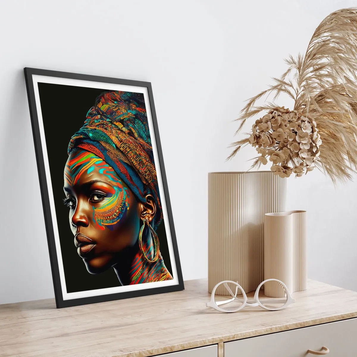 Pôster com moldura preta - Retrato de uma mulher com um lenço colorido e maquiagem étnica - 50x70cm - Rainha africana - Decoração de parede moderna para a sala de estar e quarto ARTTOR
