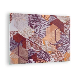 Quadro em vidro - Folhas gráficas sobre um fundo de formas geométricas - 70x50cm - A impossível relação entre a geometria e a natureza - Decoração de parede moderna para a sala de estar e quarto ARTTOR