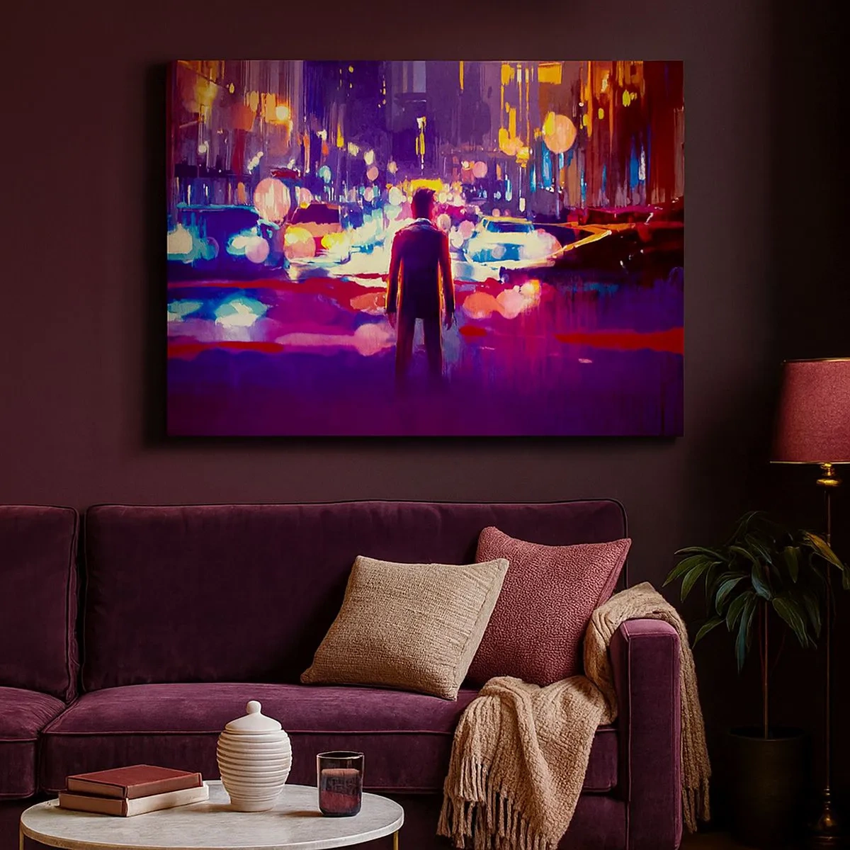 Quadro em tela - Um homem em uma cena noturna de cidade de neon - 70x50cm - Imerso na luz - Decoração de parede moderna para a sala de estar e quarto ARTTOR