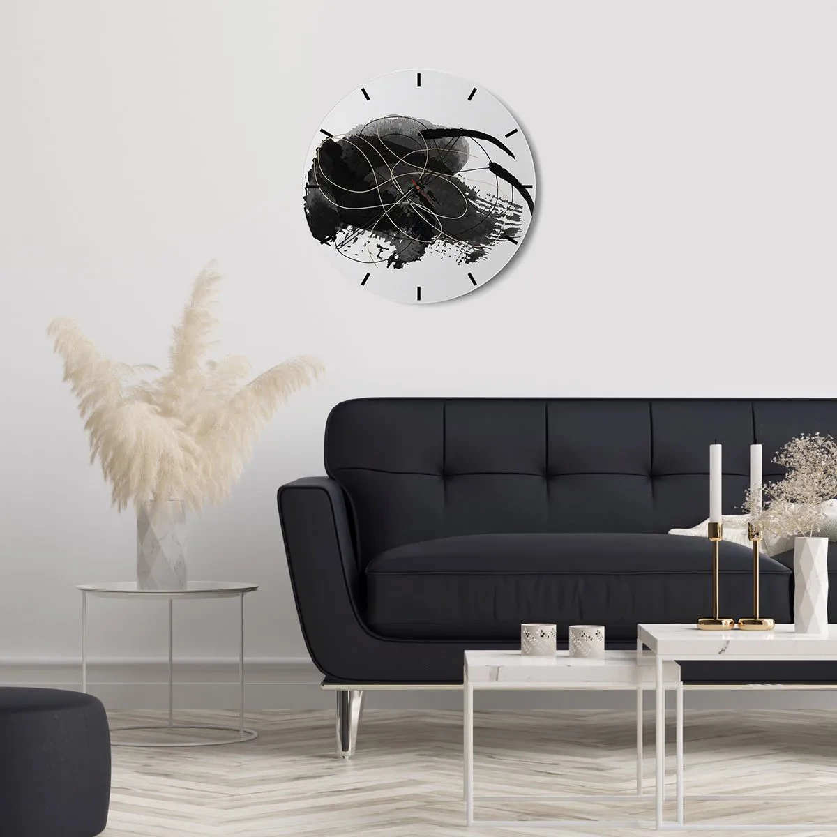 Relógio de parede - Relógio em vidro - Composição abstrata de linhas pretas e douradas - 30x30cm - Emergido do preto - Decoração de parede moderna para a sala de estar, cozinha e quarto ARTTOR