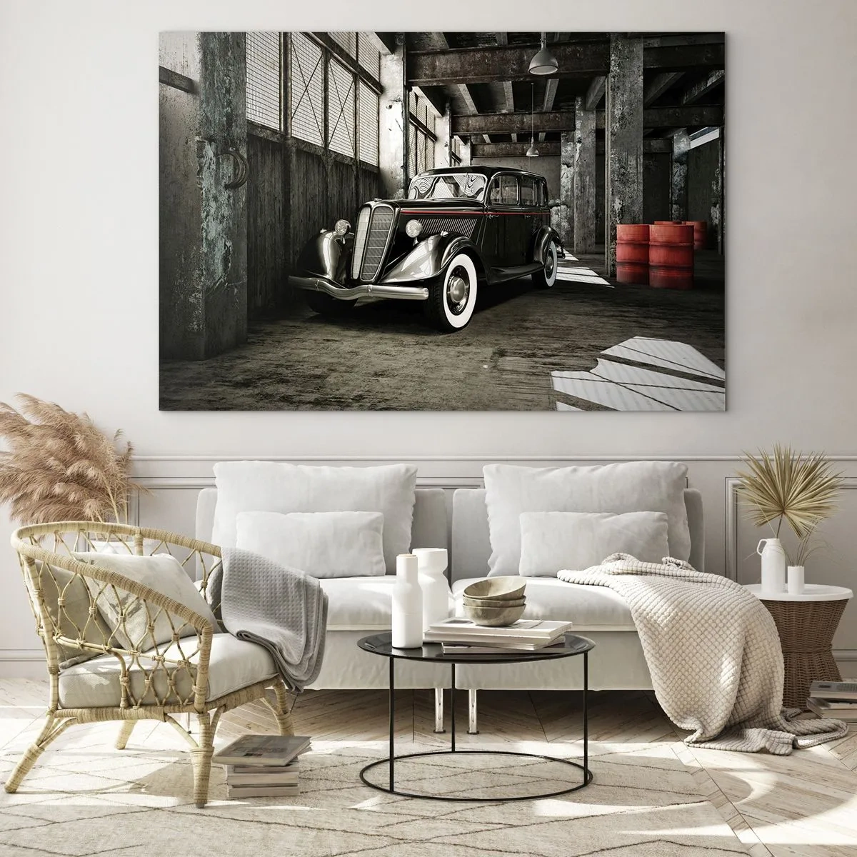 Quadro em vidro - Um carro antigo em uma garagem estilosa - 70x50cm - A elegância duradoura dos anos 30. - Decoração de parede moderna para a sala de estar e quarto ARTTOR